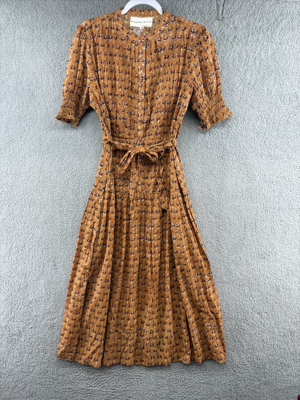 Daughters of India Mustard Floral Cotton Midi Dress Puff Sleeve Tie Waist M